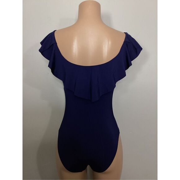 New. Trina Turk navy off shoulder ruffle top. Size 8. Retails $148 - Picture 3 of 11